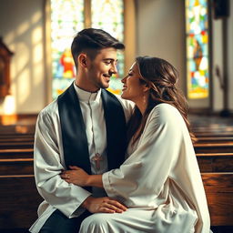 A young, handsome priest and a beautiful woman, sharing an intimate moment together in a serene, picturesque church setting