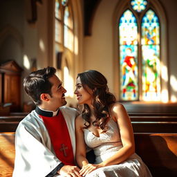 A young, handsome priest and a beautiful woman, sharing an intimate moment together in a serene, picturesque church setting