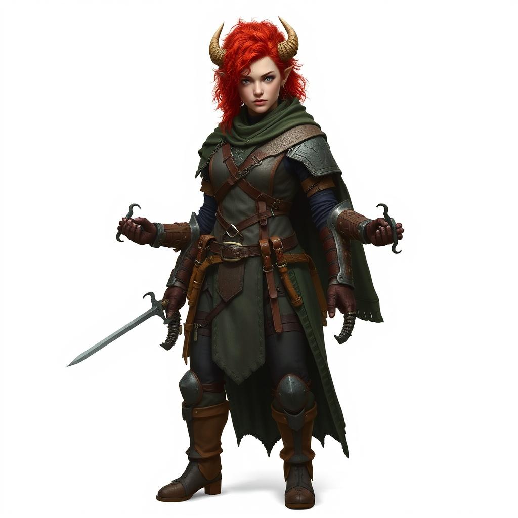 A tall Firbolg scout with grayish skin and bright red curly hair