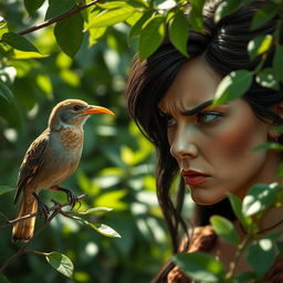 Mina, a woman with a sulken and envious expression, stares intently at a bird with a golden beak