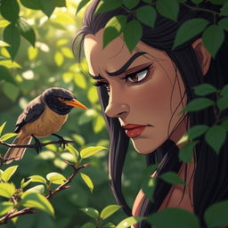 Mina, a woman with a sulken and envious expression, stares intently at a bird with a golden beak