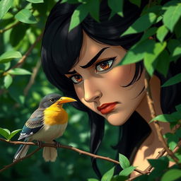 Mina, a woman with a sulken and envious expression, stares intently at a bird with a golden beak