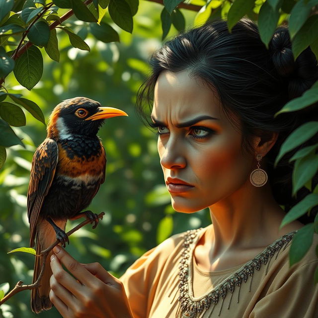 Mina, a woman with a sulken and envious expression, stares intently at a bird with a golden beak