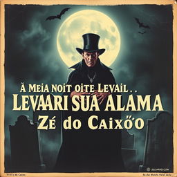 A vintage horror movie poster for 'À Meia Noite Levarei Sua Alma', featuring the iconic character Zé do Caixão, also known as Coffin Joe