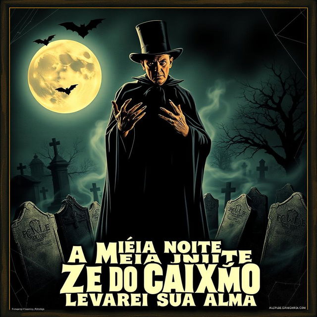 A vintage horror movie poster for 'À Meia Noite Levarei Sua Alma', featuring the iconic character Zé do Caixão, also known as Coffin Joe