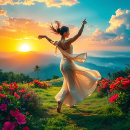 A person gracefully dancing towards a vibrant and dreamy landscape, symbolizing the journey towards their dreams