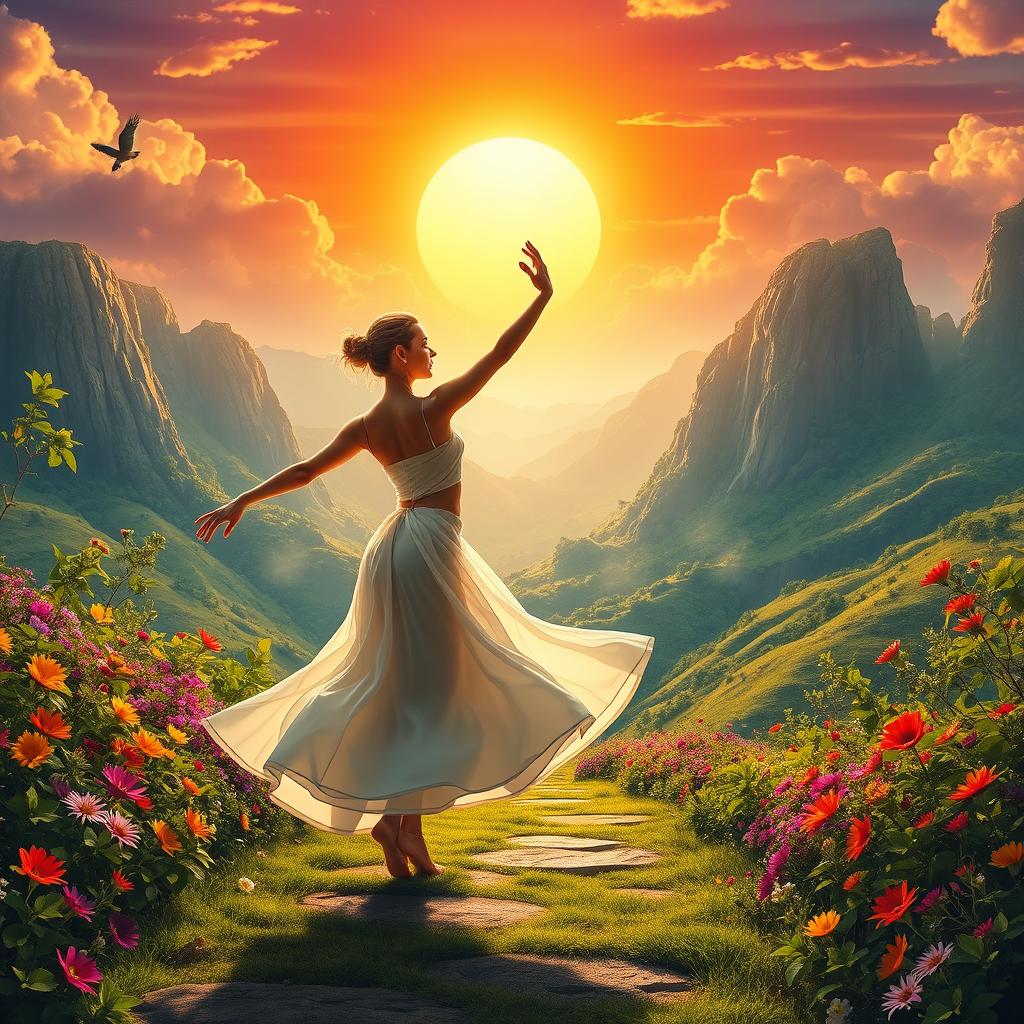 A person gracefully dancing towards a vibrant and dreamy landscape, symbolizing the journey towards their dreams