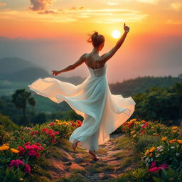 A person gracefully dancing towards a vibrant and dreamy landscape, symbolizing the journey towards their dreams