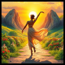 A person gracefully dancing towards a vibrant and dreamy landscape, symbolizing the journey towards their dreams