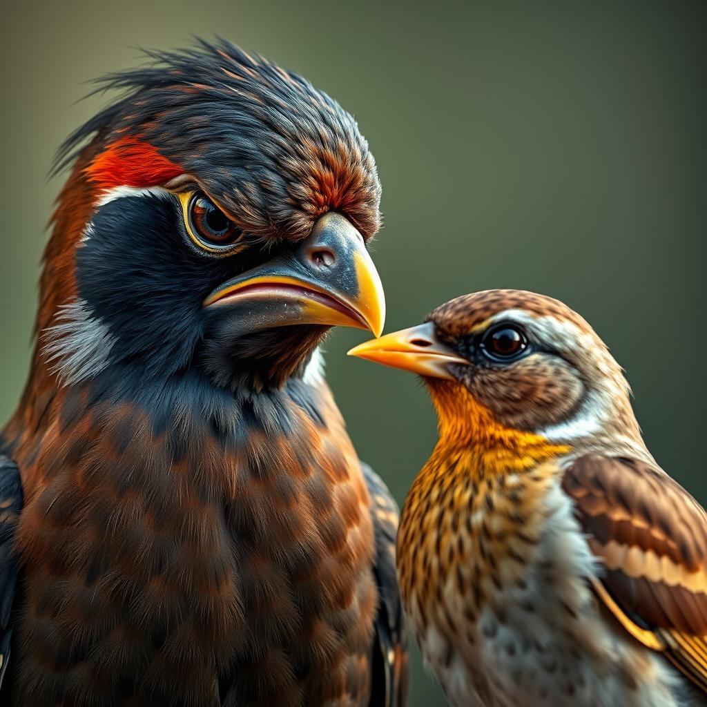 A myna bird with a sad and jealous expression, staring intently at a sparrow with a golden beak