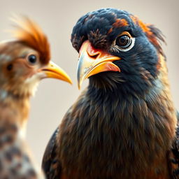 A myna bird with a sad and jealous expression, staring intently at a sparrow with a golden beak