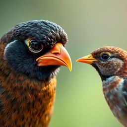 A myna bird with a sad and jealous expression, staring intently at a sparrow with a golden beak