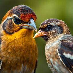 A myna bird with a sad and jealous expression, staring intently at a sparrow with a golden beak