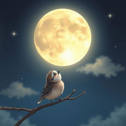 A small charming bird perched on a branch, gazing up at a large, luminous moon in a night sky