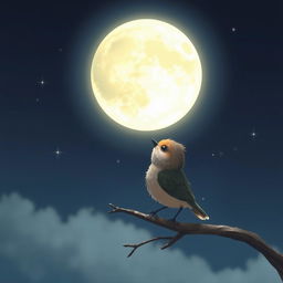 A small charming bird perched on a branch, gazing up at a large, luminous moon in a night sky