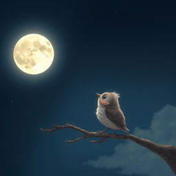 A small charming bird perched on a branch, gazing up at a large, luminous moon in a night sky