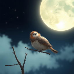 A small charming bird perched on a branch, gazing up at a large, luminous moon in a night sky