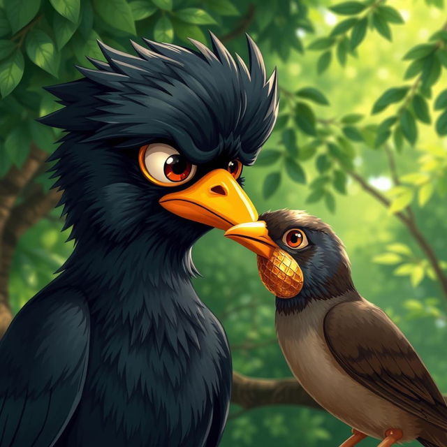 A vivid illustration of a Myna bird with a sad and jealous expression, focusing intently on a sparrow whose beak is covered in shiny gold