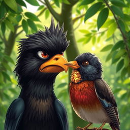 A vivid illustration of a Myna bird with a sad and jealous expression, focusing intently on a sparrow whose beak is covered in shiny gold