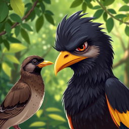 A vivid illustration of a Myna bird with a sad and jealous expression, focusing intently on a sparrow whose beak is covered in shiny gold