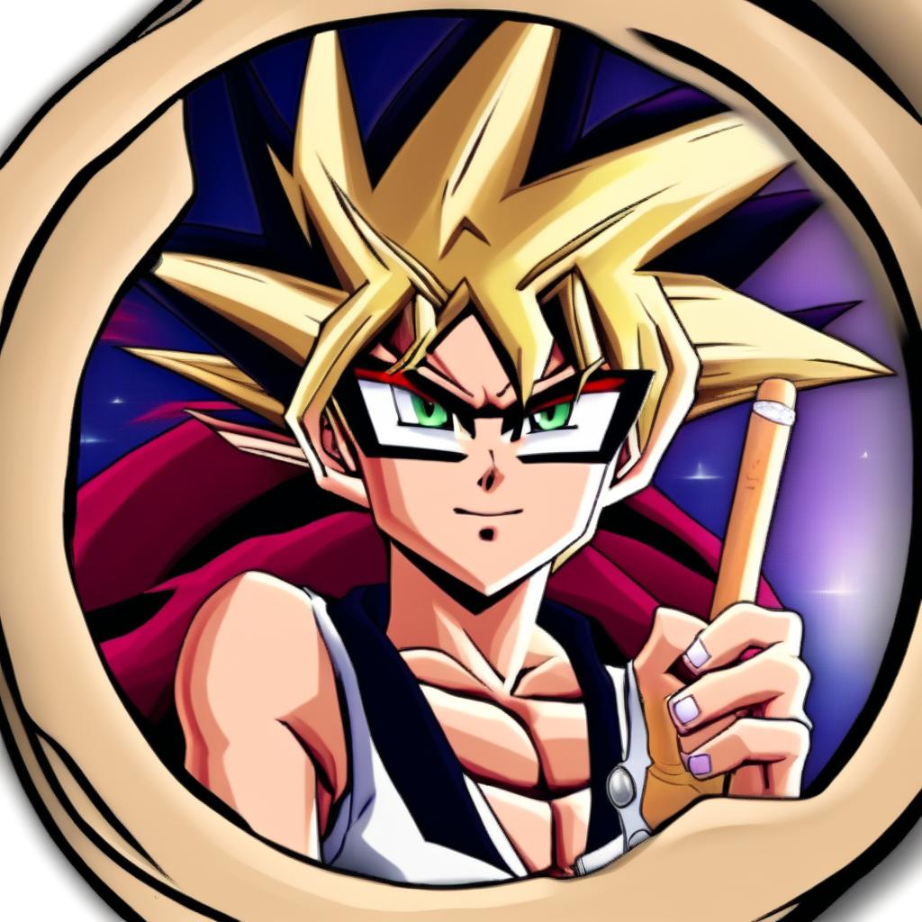 Digital art profile picture of Yugi from Yu-Gi-Oh! with sunglasses and a cigar, encased in a circle border, looking cool and confident.