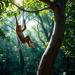 A vibrant scene of a young boy and a playful monkey in a lush forest, where the monkey aids the boy in leaping gracefully from tree to tree