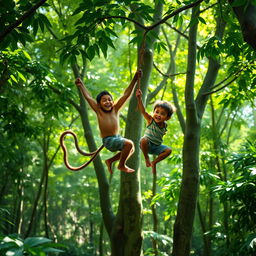 A vibrant scene of a young boy and a playful monkey in a lush forest, where the monkey aids the boy in leaping gracefully from tree to tree