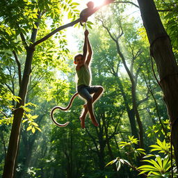 A vibrant scene of a young boy and a playful monkey in a lush forest, where the monkey aids the boy in leaping gracefully from tree to tree