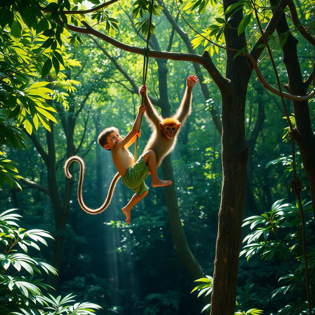 A vibrant scene of a young boy and a playful monkey in a lush forest, where the monkey aids the boy in leaping gracefully from tree to tree