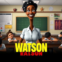 A Disney Pixar movie poster featuring a tall, dark-skinned Jamaican woman with intriguing white spots in her hair, standing confidently at the front of a biology classroom