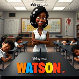 A Disney Pixar movie poster featuring a tall, dark-skinned Jamaican woman with intriguing white spots in her hair, standing confidently at the front of a biology classroom