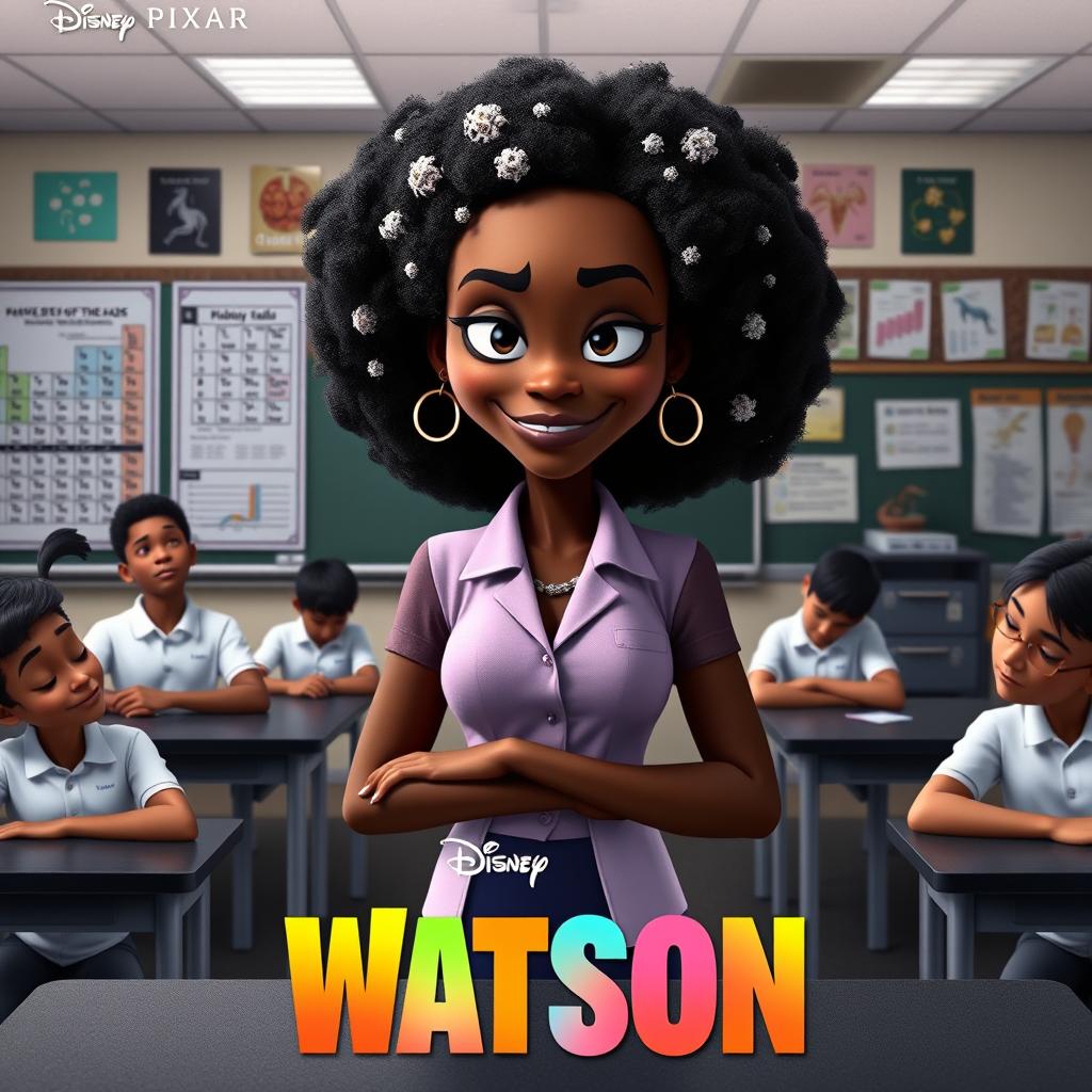 A Disney Pixar movie poster featuring a tall, dark-skinned Jamaican woman with intriguing white spots in her hair, standing confidently at the front of a biology classroom