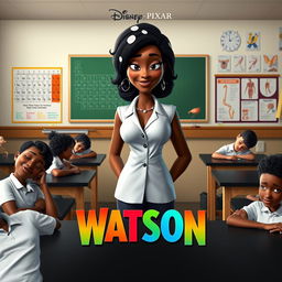 A Disney Pixar movie poster featuring a tall, dark-skinned Jamaican woman with intriguing white spots in her hair, standing confidently at the front of a biology classroom