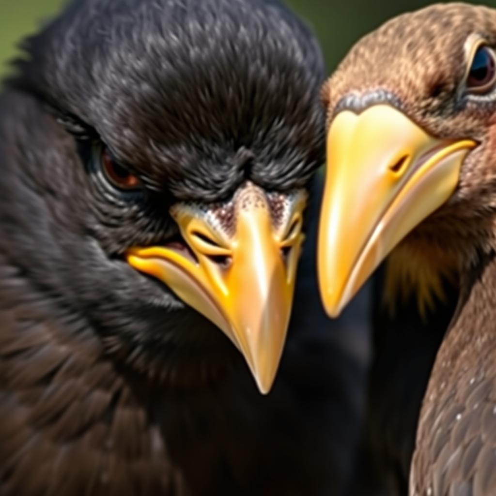 A close-up portrait of a myna with a sad and jealous expression, focusing intently on a sparrow's golden beak in the background