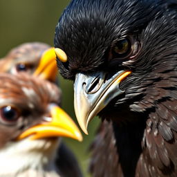 A close-up portrait of a myna with a sad and jealous expression, focusing intently on a sparrow's golden beak in the background