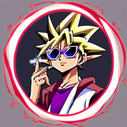 Digital art profile picture of Yugi from Yu-Gi-Oh! with sunglasses and a cigar, encased in a circle border, looking cool and confident.