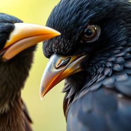 A close-up portrait of a myna with a sad and jealous expression, focusing intently on a sparrow's golden beak in the background