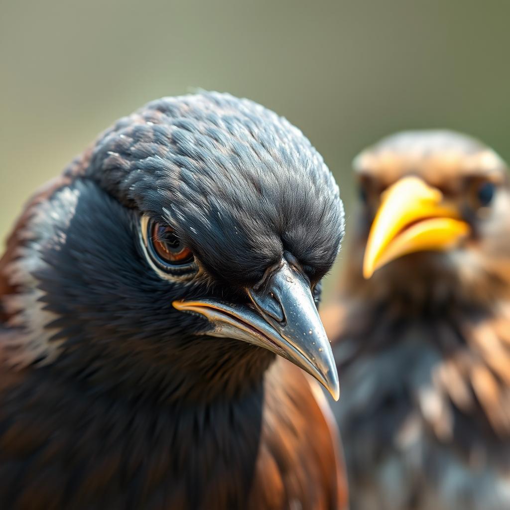 A close-up portrait of a myna with a sad and jealous expression, focusing intently on a sparrow's golden beak in the background