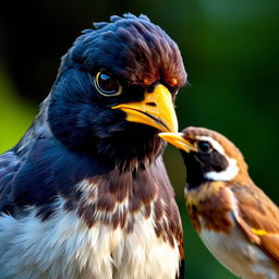 A myna bird with a sad and jealous expression on its face, fixated on a sparrow nearby