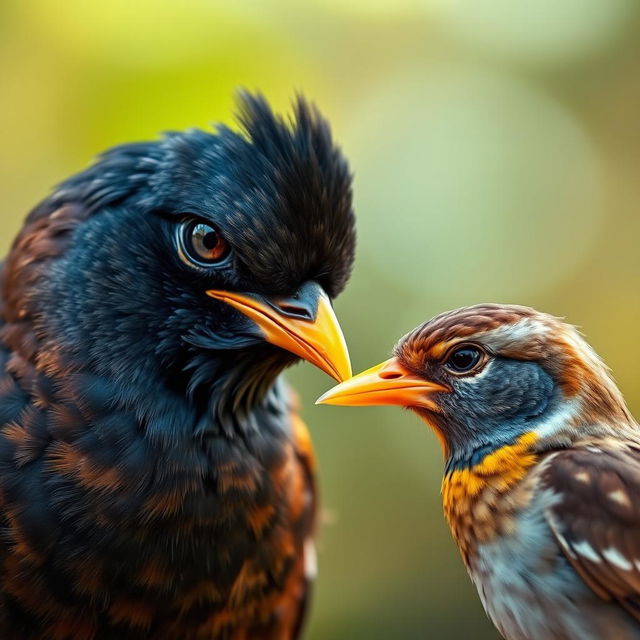 A myna bird with a sad and jealous expression on its face, fixated on a sparrow nearby