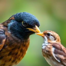 A myna bird with a sad and jealous expression on its face, fixated on a sparrow nearby