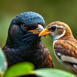 A myna bird with a sad and jealous expression on its face, fixated on a sparrow nearby