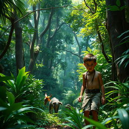 A young boy lost in a dense, lush jungle, surrounded by towering trees and vibrant foliage