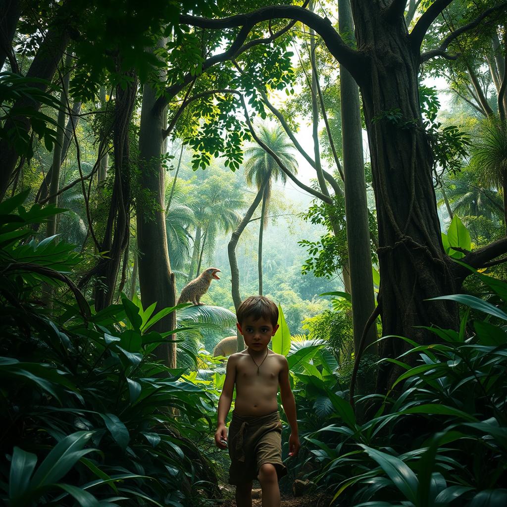 A young boy lost in a dense, lush jungle, surrounded by towering trees and vibrant foliage