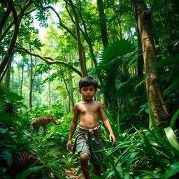 A young boy lost in a dense, lush jungle, surrounded by towering trees and vibrant foliage