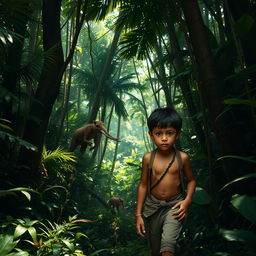 A young boy lost in a dense, lush jungle, surrounded by towering trees and vibrant foliage