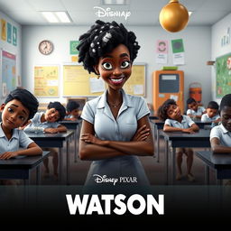 A Disney Pixar movie poster featuring a tall, dark-skinned Jamaican woman with white spots in her hair