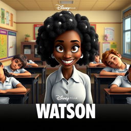 A Disney Pixar movie poster featuring a tall, dark-skinned Jamaican woman with white spots in her hair