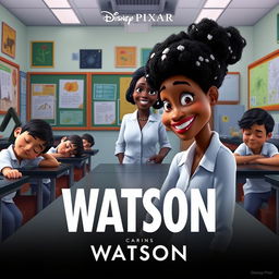 A Disney Pixar movie poster featuring a tall, dark-skinned Jamaican woman with white spots in her hair