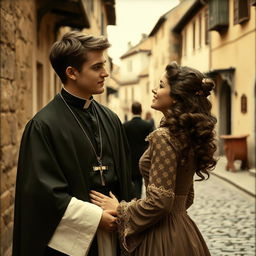 A young priest romantically engaging with a woman, captured in the style of vintage photography, with a soft sepia tone